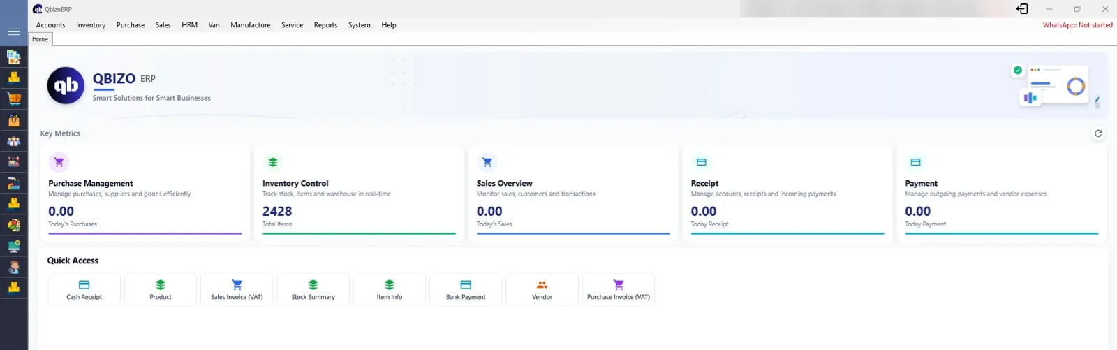 Qbizo ERP software dashboard with ZATCA VAT invoicing, inventory, purchase and sales modules